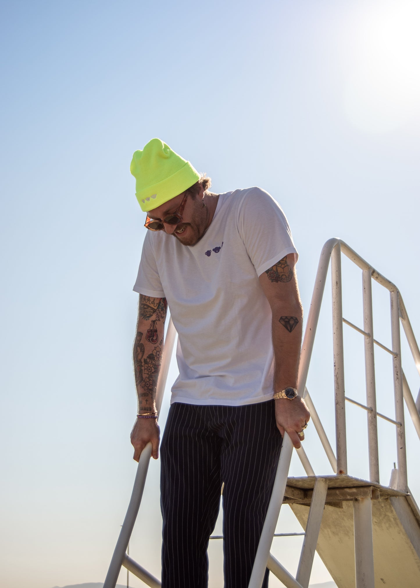 THREE WISE CHIMPS NEON YELLOW BEANIE